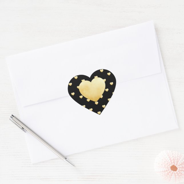 Elegant Gold Heart Pattern on Black Heart Sticker (Envelope)