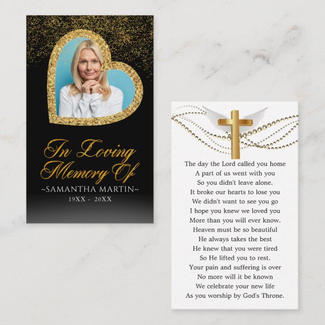 Elegant Gold Heart Photo Funeral Prayer Card (Front/Back)