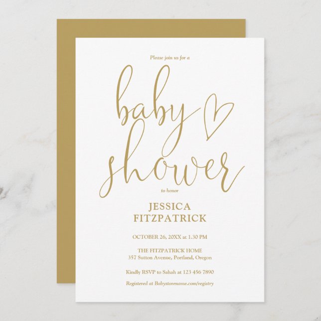 Elegant Gold Heart Script Baby Shower Invitation (Front/Back)