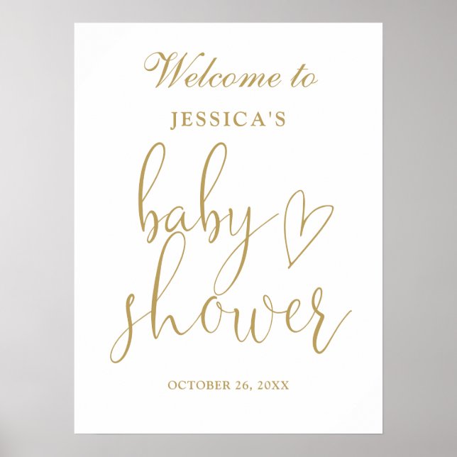 Elegant Gold Heart Script Baby Shower Welcome Sign (Front)
