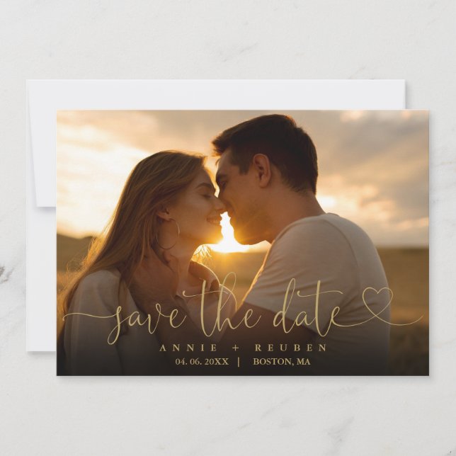 Elegant Gold Heart Script Photo Wedding QR Code Save The Date (Front)