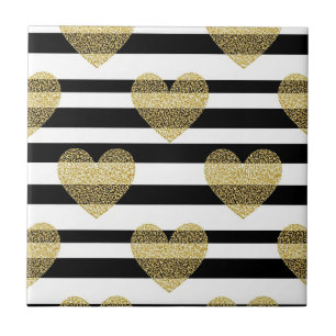 Elegant Gold Heart Wedding Stripe Pattern Ceramic Tile