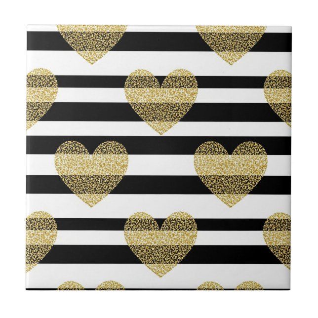 Elegant Gold Heart Wedding Stripe Pattern Ceramic Tile (Front)