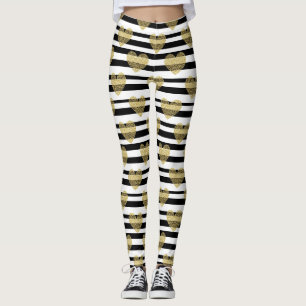 Elegant Gold Heart Wedding Stripe Pattern Leggings