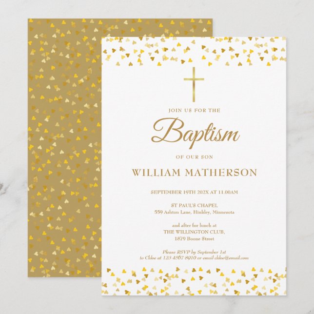 Elegant Gold Hearts Baptism Christening  Invitation (Front/Back)