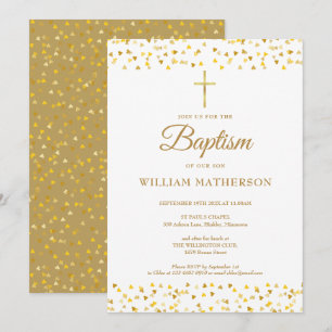 Elegant Gold Hearts Baptism Christening  Invitation