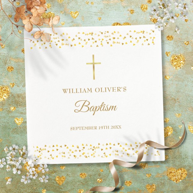 Elegant Gold Hearts Baptism Christening Napkin (Elegant Gold Hearts Baptism Christening Napkins)