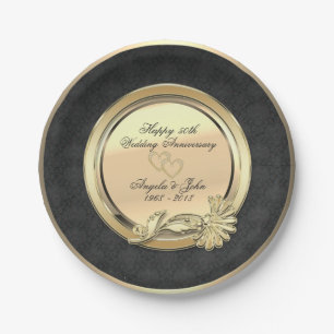 Elegant Gold Hearts Damask 50th Wedding Anniversar Paper Plate