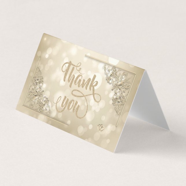 Elegant Gold Hearts Frame Bokeh Thank You Card (Front)