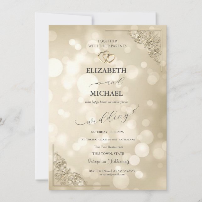 Elegant Gold Hearts Frame Bokeh Wedding Invitation (Front)