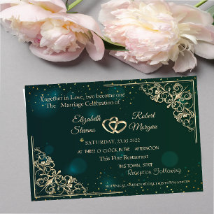 Elegant Gold Hearts Frame Green Wedding Invitation
