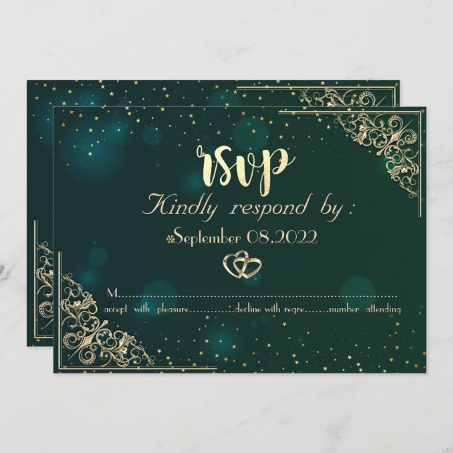 Elegant Gold Hearts Frame Green Wedding  RSVP  Invitation (Front/Back)