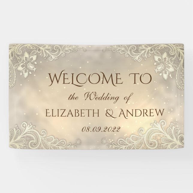Elegant Gold Hearts Lace Wedding  Banner (Horizontal)