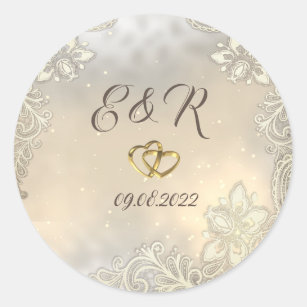 Elegant Gold Hearts Lace Wedding  Classic Round Sticker