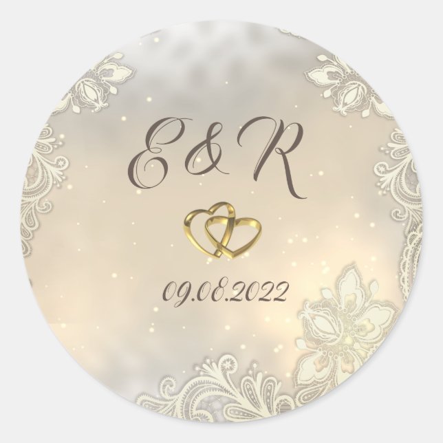 Elegant Gold Hearts Lace Wedding  Classic Round Sticker (Front)