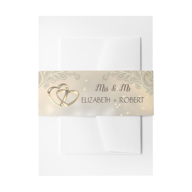 Elegant Gold Hearts Lace Wedding  Invitation Belly Band (Front Example)