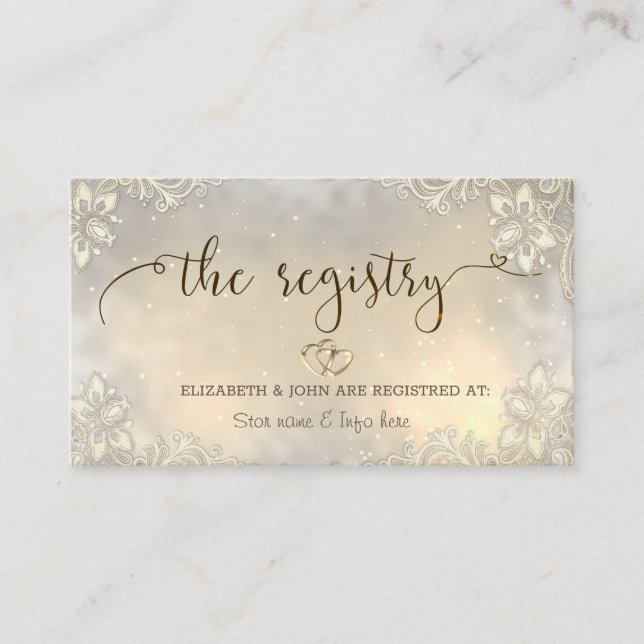 Elegant Gold Hearts Lace Wedding Registry Enclosure Card (Front)