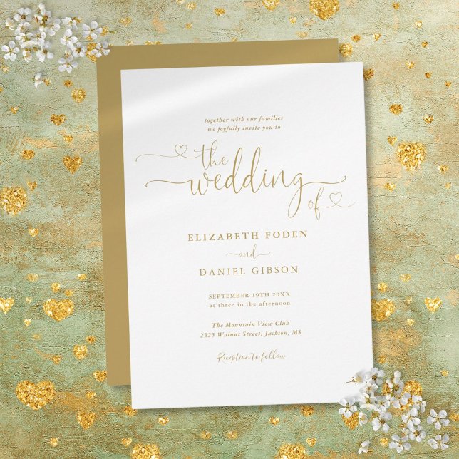 Elegant Gold Hearts Script Calligraphy Wedding Invitation (Elegant Gold Hearts Script Calligraphy Wedding Invitation)