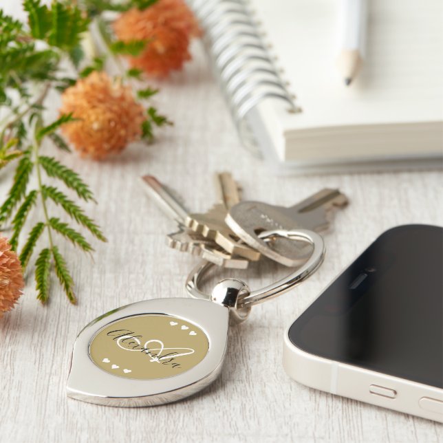 Elegant Gold Hearts Script Name Monogram Key Ring (Side)