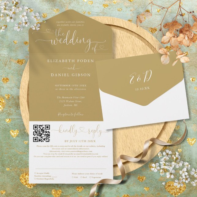 Elegant Gold Hearts Script QR Code Wedding All In One Invitation (Elegant Gold Hearts Script QR Code Wedding All In One Invitation)