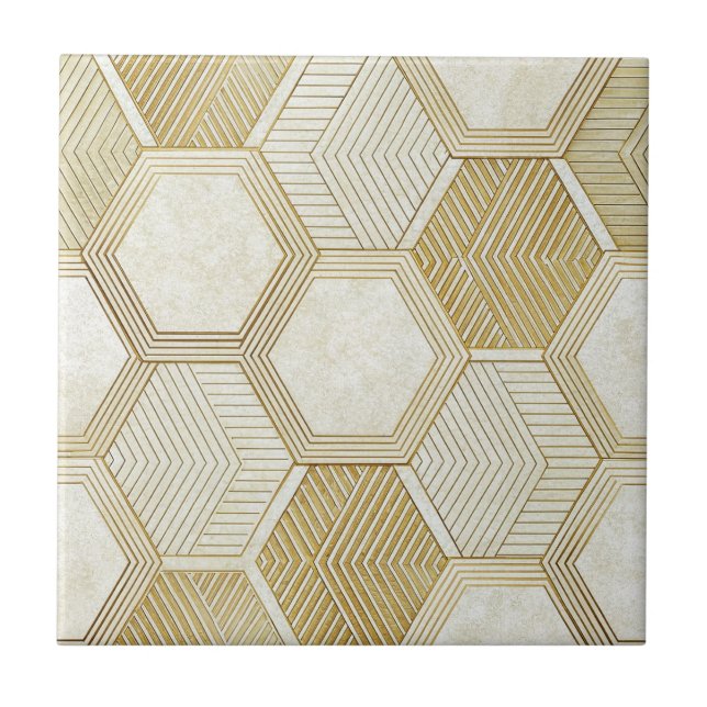 Elegant Gold Hexagon Geometric Pattern - Marble 2 Ceramic Tile (Front)