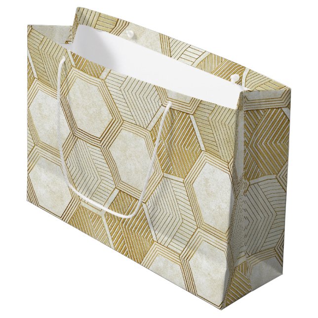 Elegant Gold Hexagon Geometric Pattern - Marble 2 Large Gift Bag (Front Angled)