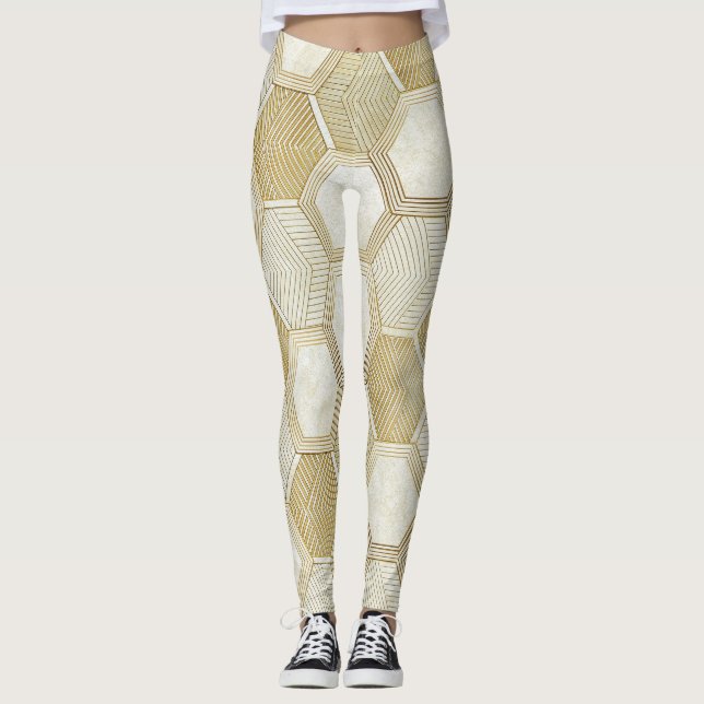 Elegant Gold Hexagon Geometric Pattern - Marble 2 Leggings (Front)