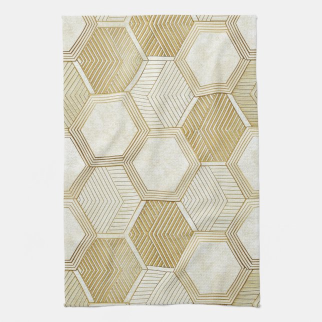 Elegant Gold Hexagon Geometric Pattern - Marble 2 Tea Towel (Vertical)