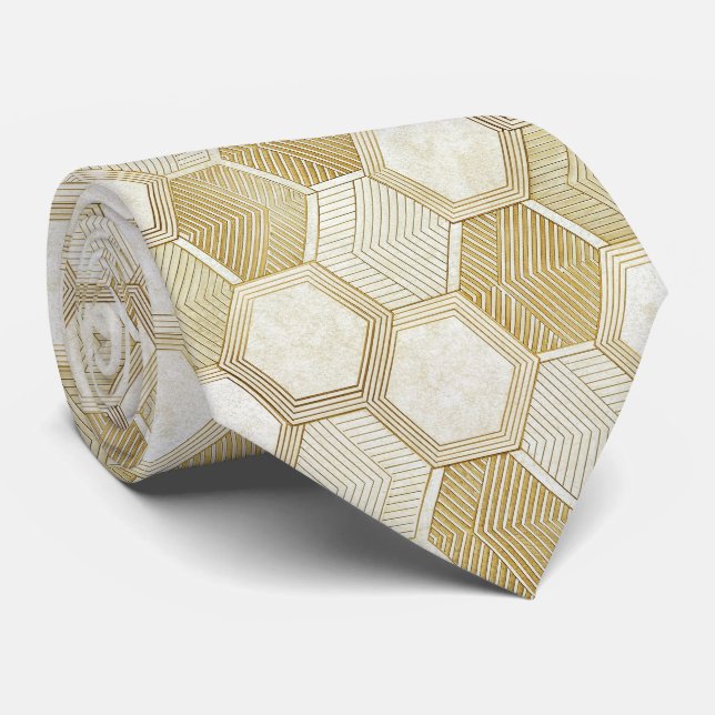 Elegant Gold Hexagon Geometric Pattern - Marble 2 Tie (Rolled)