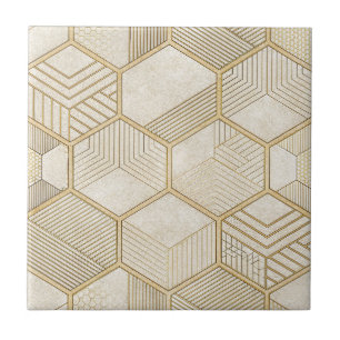 Elegant Gold Hexagon Geometric Pattern - Marble 3 Ceramic Tile