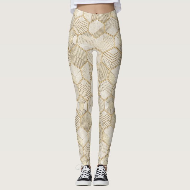 Elegant Gold Hexagon Geometric Pattern - Marble 3 Leggings (Front)