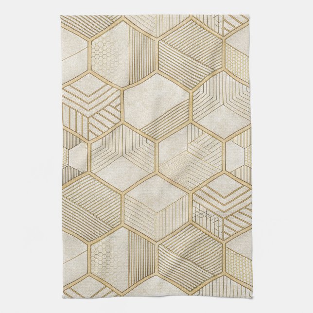 Elegant Gold Hexagon Geometric Pattern - Marble 3 Tea Towel (Vertical)