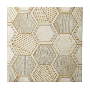 Elegant Gold Hexagon Geometric Pattern - Marble Ceramic Tile