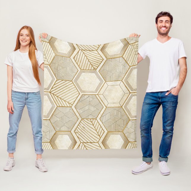 Elegant Gold Hexagon Geometric Pattern - Marble Fleece Blanket (In Situ)