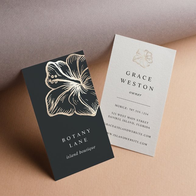 Elegant Gold Hibiscus Flower Vertical Business Card (Creator Uploaded)