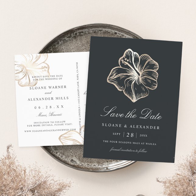 Elegant Gold Hibiscus Flower Wedding Save the Date Announcement Postcard (Creator Uploaded)