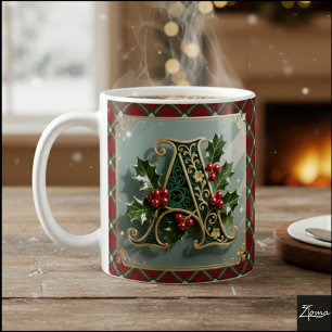 Elegant Gold Holly Christmas Initial Letter A Coffee Mug