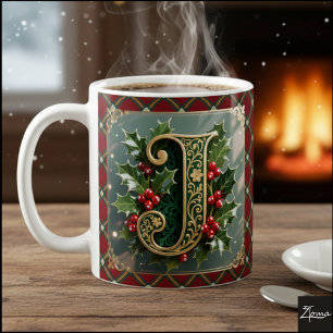Elegant Gold Holly Christmas Initial Letter J Coffee Mug