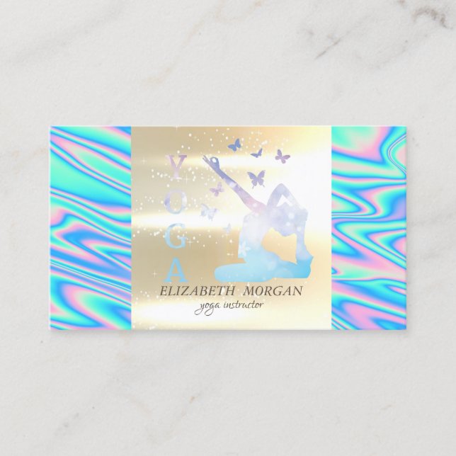 Elegant Gold Holographic Womwn Yoga Instructor Business Card (Front)