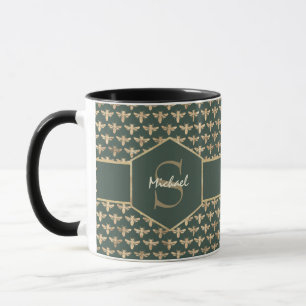 Elegant Gold HoneyBee Pattern on Dark Green Mug