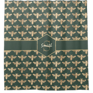 Elegant Gold HoneyBee Pattern on Dark Green Shower Curtain
