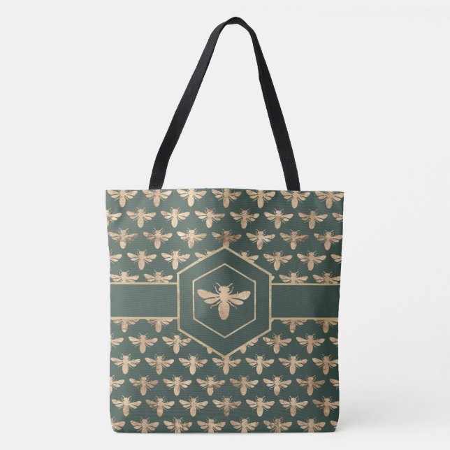 Elegant Gold HoneyBee Pattern on Dark Green Tote Bag (Front)