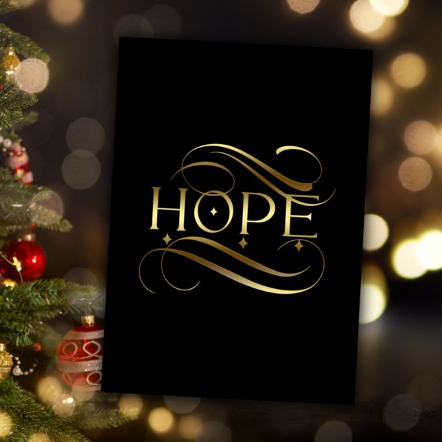 Elegant Gold Hope Calligraphy Script on Black Foil Holiday Card (Creator Uploaded)