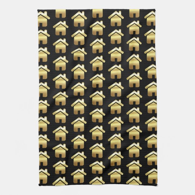 Elegant Gold House Symbol Real Estate Pattern Tea Towel (Vertical)