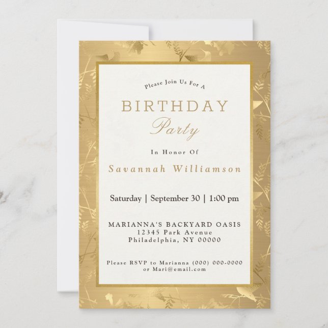 Elegant Gold Hummingbirds Glam Birthday Party Invitation (Front)