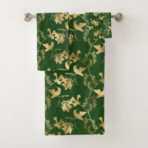 Elegant Gold Hummingbirds Glam Green Bath Towel Set