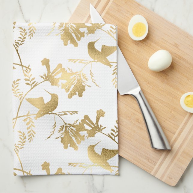 Elegant Gold Hummingbirds Glam Tea Towel (Quarter Fold)