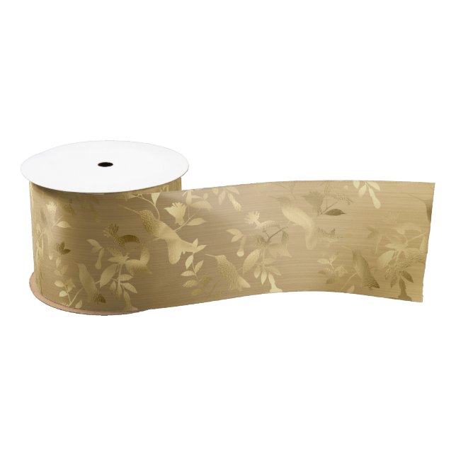 Elegant Gold Hummingbirds Satin Ribbon (Spool)