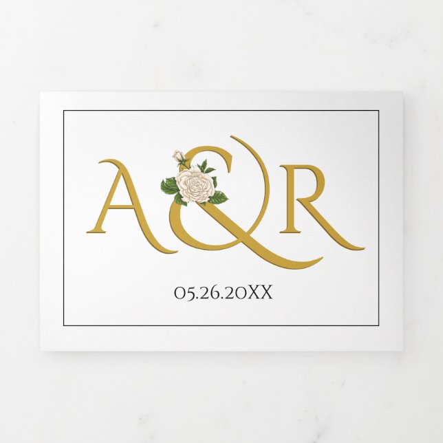 Elegant gold initials with ampersand, rose wedding Tri-Fold invitation (Cover)