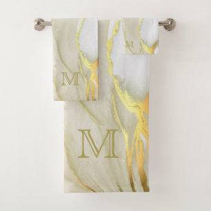 Elegant Gold Ink Abstract Pattern Monogram Bath Towel Set